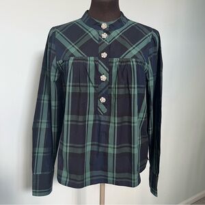J.Crew Women’s Green & Navy Plaid Cotton Blouse with Rhinestone Buttons Size S